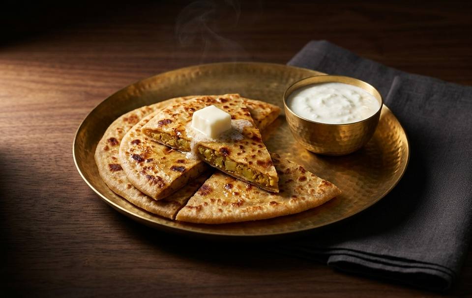Aloo parotha cut into wedges on a hammered brass plate, with a cube of butter and a small bowl of curd