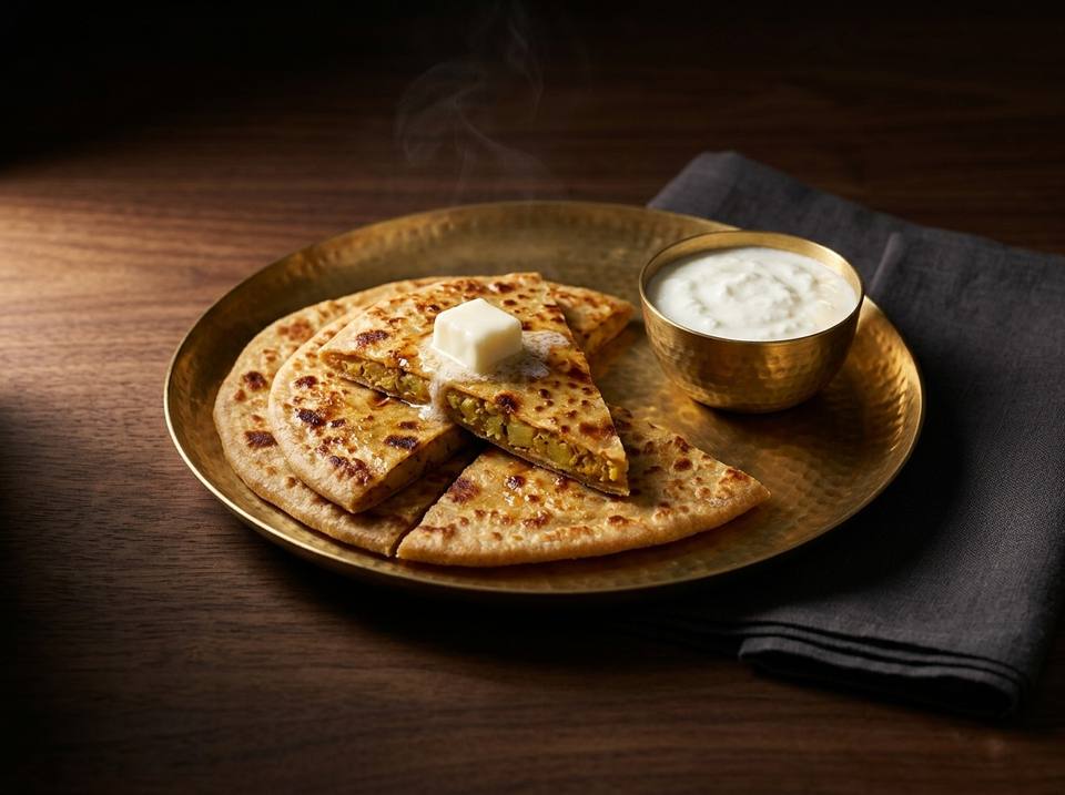 Aloo parotha cut into wedges on a hammered brass plate, with a cube of butter and a small bowl of curd