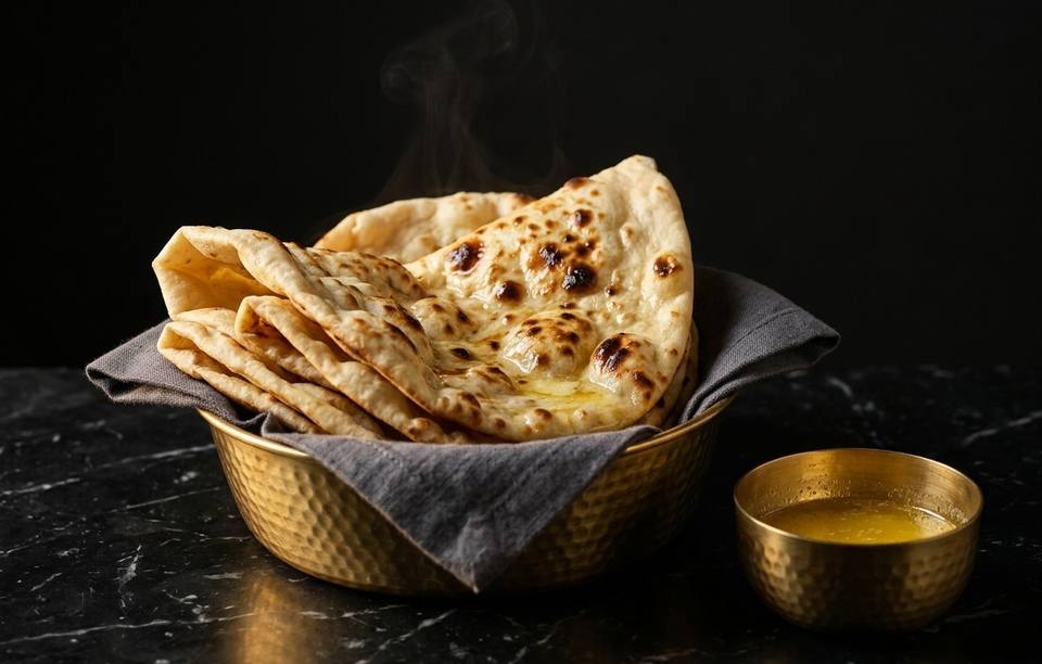 Butter naan in a linen-lined brass basket, with a small bowl of melted butter beside it