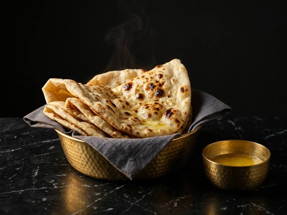 Butter naan in a linen-lined brass basket, with a small bowl of melted butter beside it