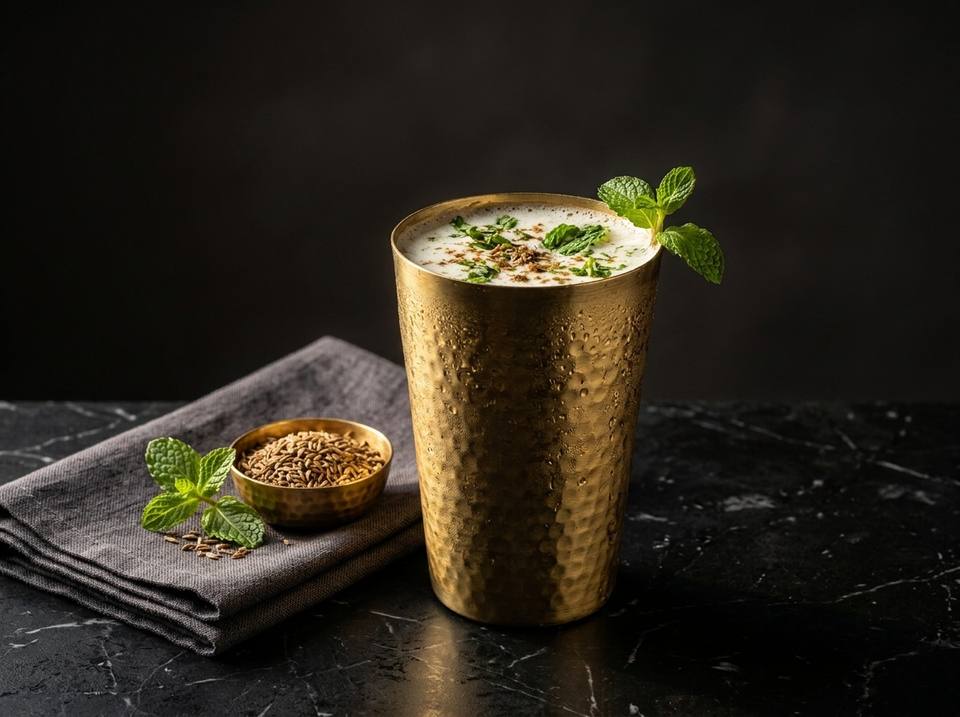 Masala chaas in a hammered brass tumbler, topped with mint and roasted cumin, with a small bowl of cumin beside it