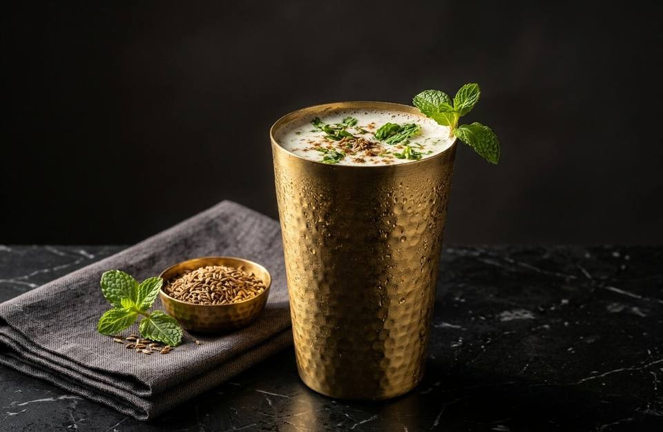 Masala chaas in a hammered brass tumbler, topped with mint and roasted cumin, with a small bowl of cumin beside it