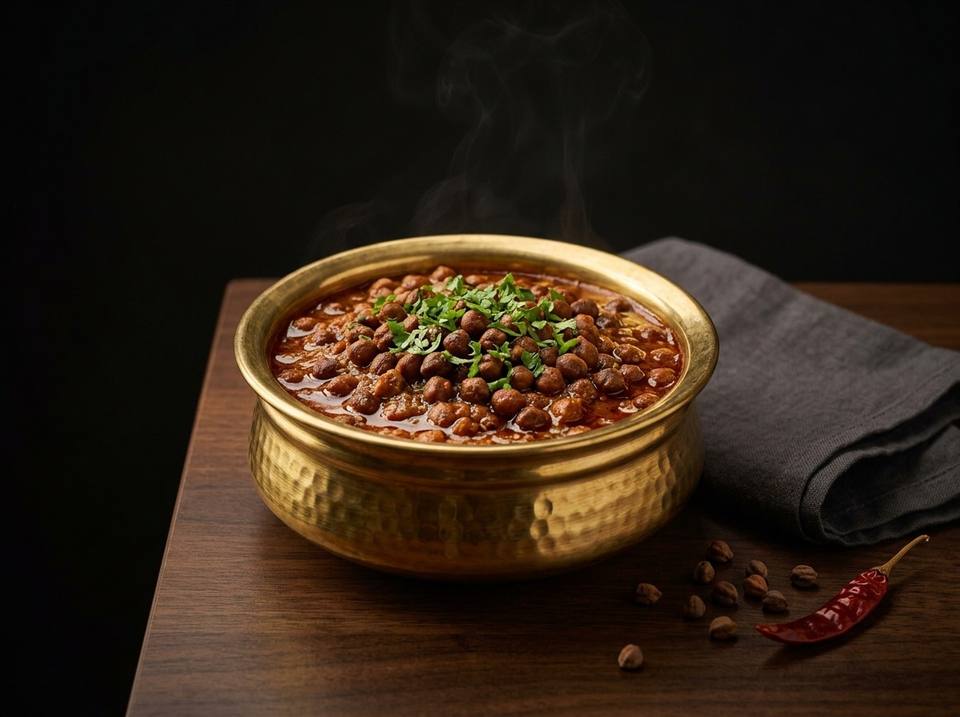 Chana masala of whole black chana in a red-brown masala gravy, topped with coriander, in a hammered brass bowl