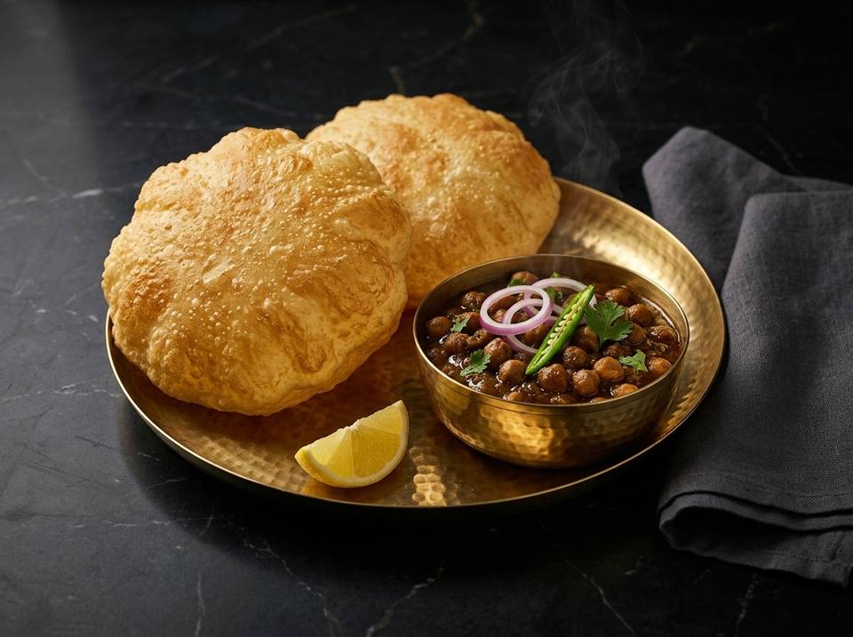 Two puffed bhature on a brass plate with a bowl of chole, sliced onion, green chilli and a wedge of lemon