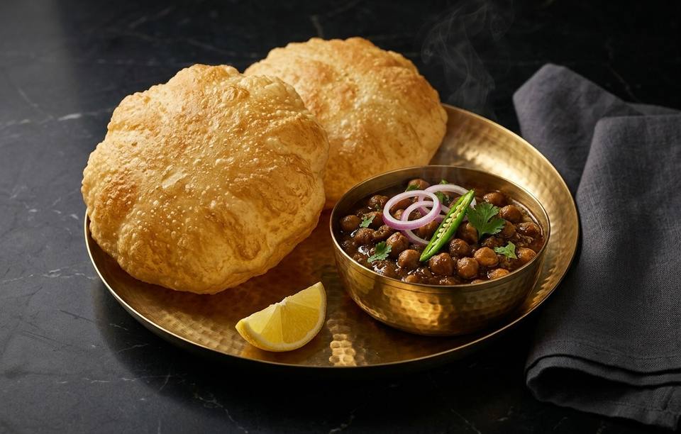 Two puffed bhature on a brass plate with a bowl of chole, sliced onion, green chilli and a wedge of lemon
