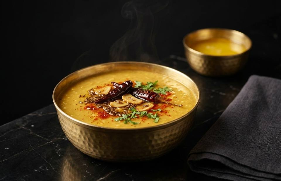 Yellow dal tadka in a hammered brass bowl, finished with ghee, cumin, garlic and dried red chillies