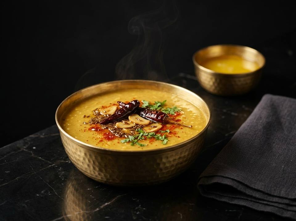 Yellow dal tadka in a hammered brass bowl, finished with ghee, cumin, garlic and dried red chillies