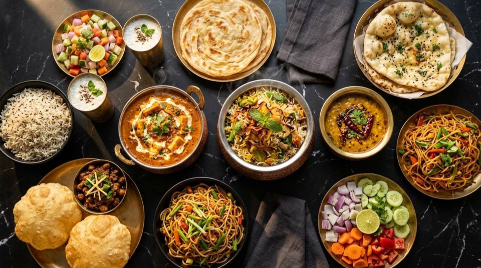 Seen from above, a table full of dishes: paneer butter masala, veg biryani, dal tadka, chole with bhature, hakka noodles, jeera rice, lachha parotha, butter naan, salads and chaas