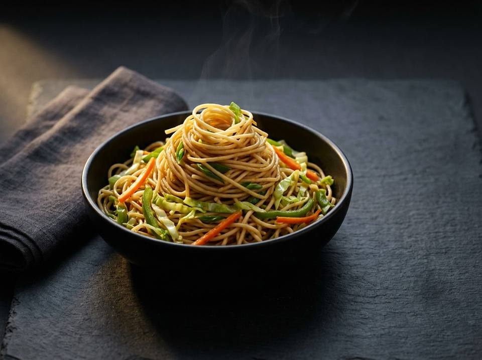 Vegetable hakka noodles with carrot, cabbage and capsicum in a black bowl on slate