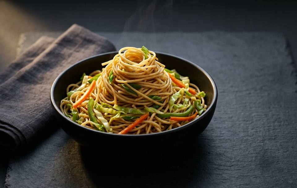 Vegetable hakka noodles with carrot, cabbage and capsicum in a black bowl on slate