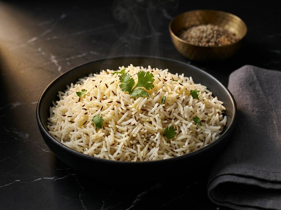Jeera rice with cumin seeds and coriander in a black bowl, with a small brass bowl of cumin behind it