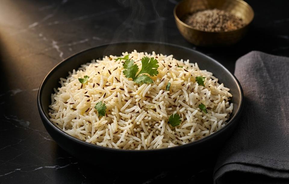 Jeera rice with cumin seeds and coriander in a black bowl, with a small brass bowl of cumin behind it