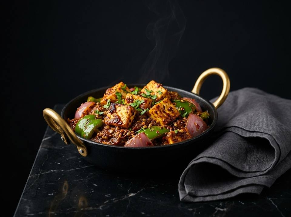 Paneer kadai with capsicum and red onion in a black iron kadai with brass handles
