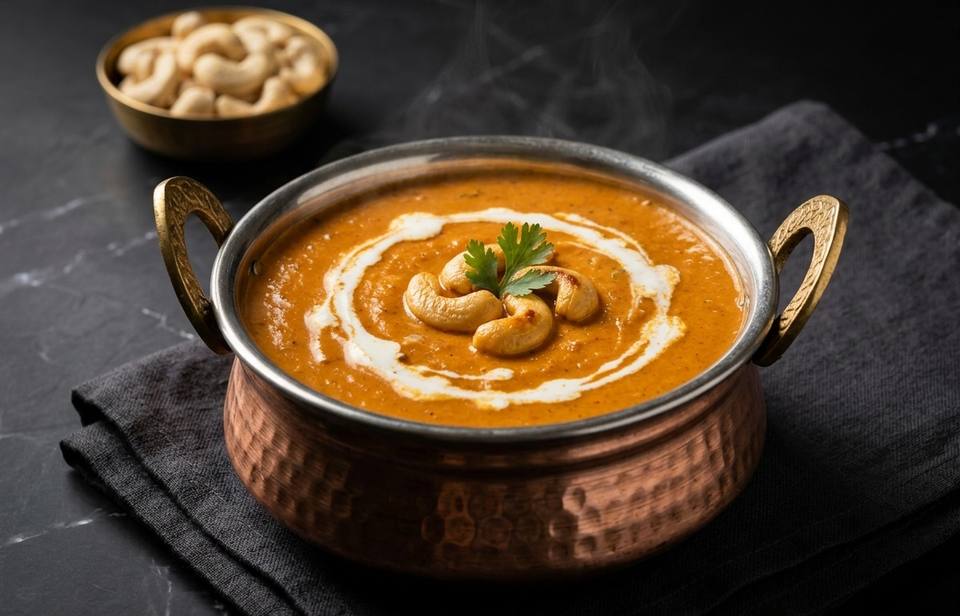 Kaju curry in a hammered copper handi, swirled with cream and topped with cashews and coriander