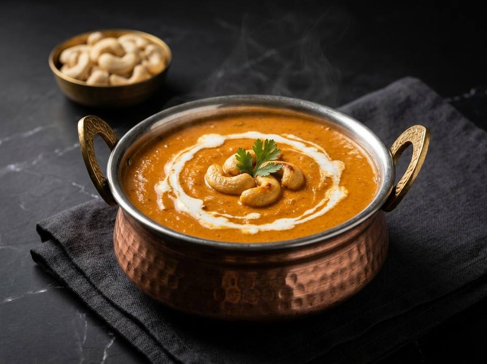 Kaju curry in a hammered copper handi, swirled with cream and topped with cashews and coriander
