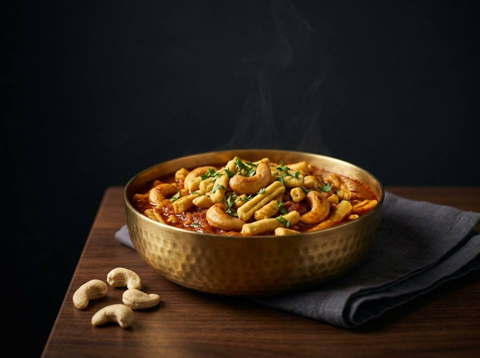 Kaju gathiya: whole cashews and thick gram-flour gathiya in a red onion-tomato gravy, in a hammered brass bowl