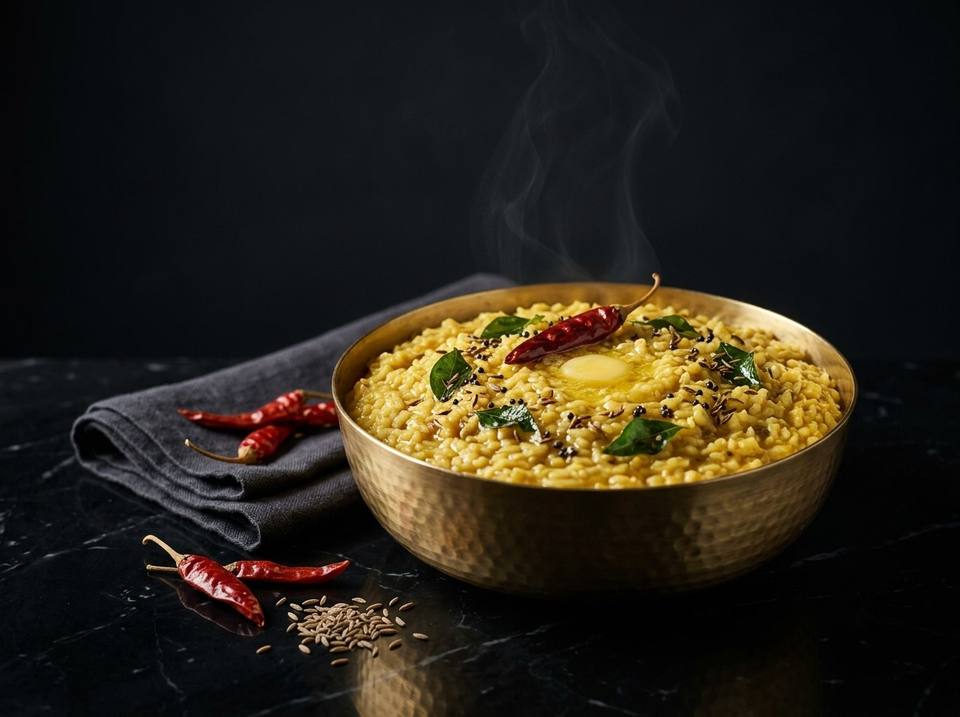 Dal masala khichdi in a hammered brass bowl, topped with ghee, mustard seeds, curry leaves and a dried red chilli