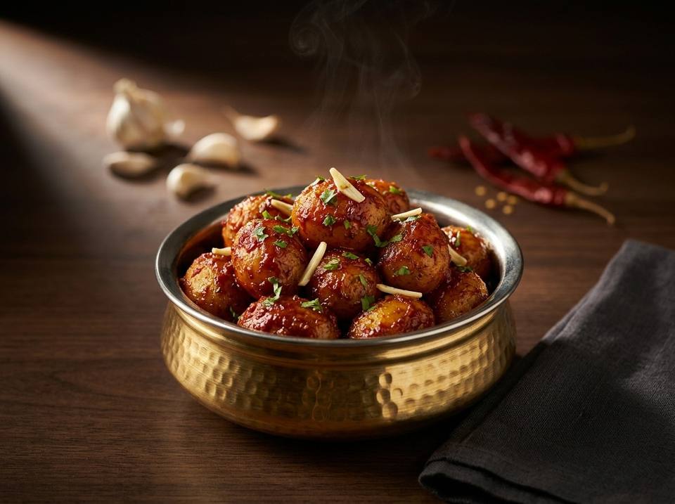 Lasaniya bataka: baby potatoes in a red garlic masala in a hammered brass bowl, with garlic cloves and dried red chillies