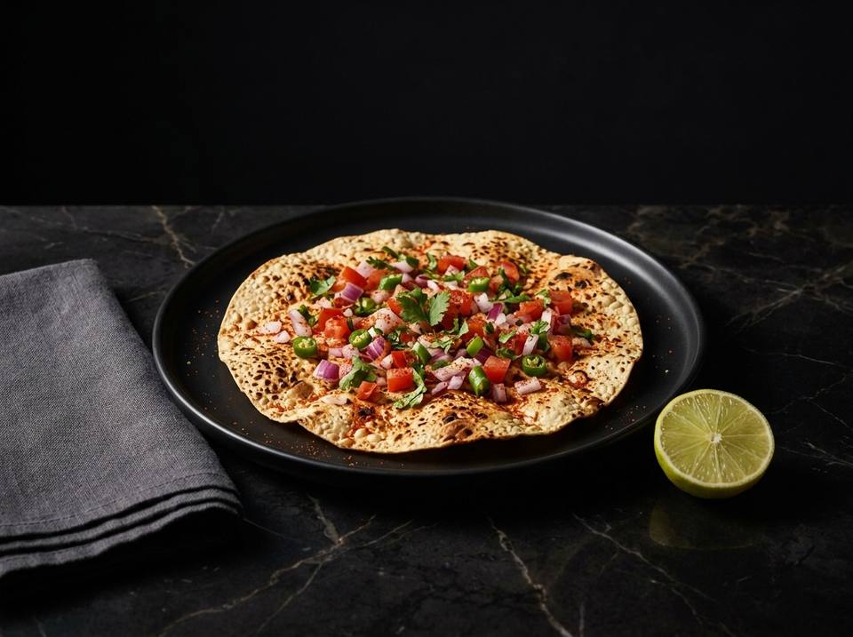 A roasted masala papad topped with chopped onion, tomato, green chilli and coriander, on a black plate
