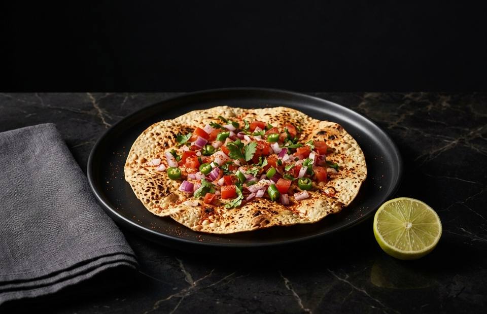 A roasted masala papad topped with chopped onion, tomato, green chilli and coriander, on a black plate