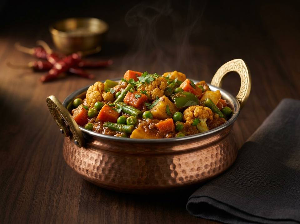 Mix veg of cauliflower, carrot, beans, peas and capsicum in a hammered copper handi