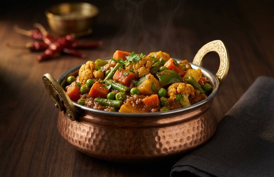 Mix veg of cauliflower, carrot, beans, peas and capsicum in a hammered copper handi