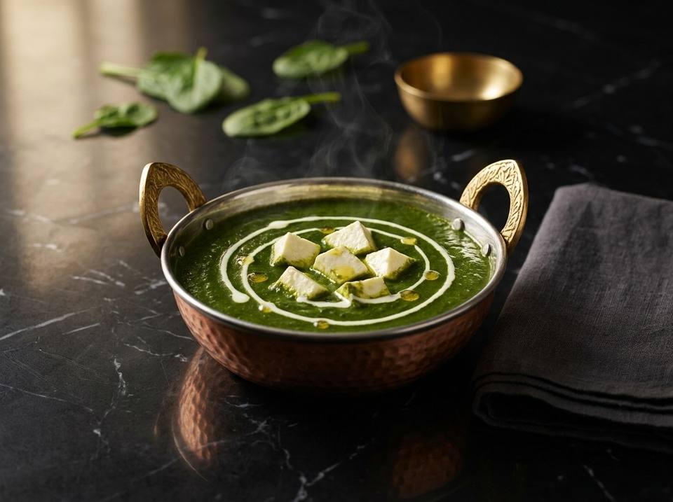 Paneer palak in a copper kadai with brass handles: smooth spinach gravy with cubes of paneer and a swirl of cream