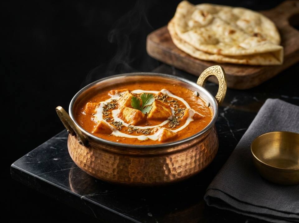 Paneer butter masala in a hammered copper handi with a swirl of cream, and naan on a board behind it