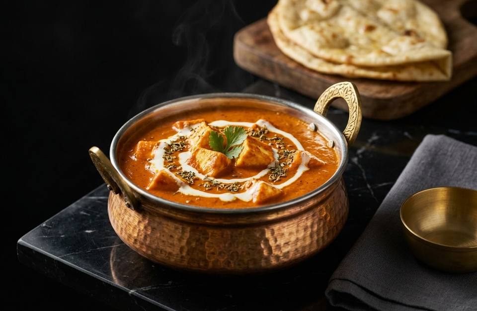 Paneer butter masala in a hammered copper handi with a swirl of cream, and naan on a board behind it