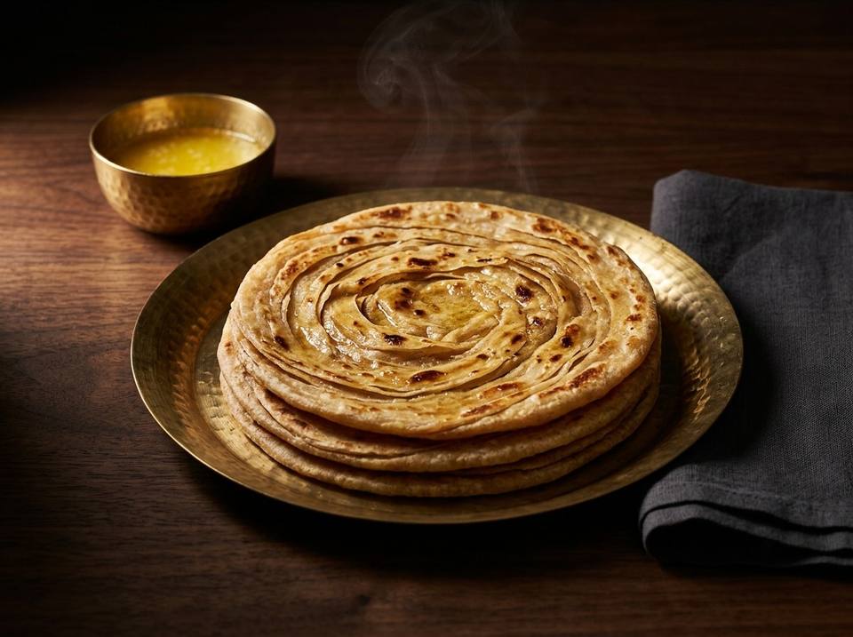 A stack of lachha parothas with spiral layers on a hammered brass plate, with a small bowl of ghee