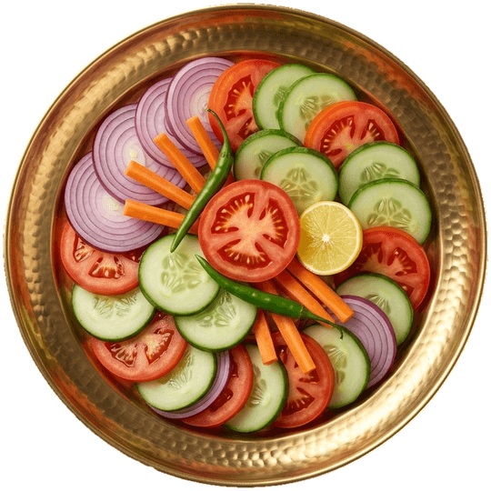 Seen from above: a brass plate of fresh salad, with onion rings, cucumber, tomato, carrot, green chillies and lemon