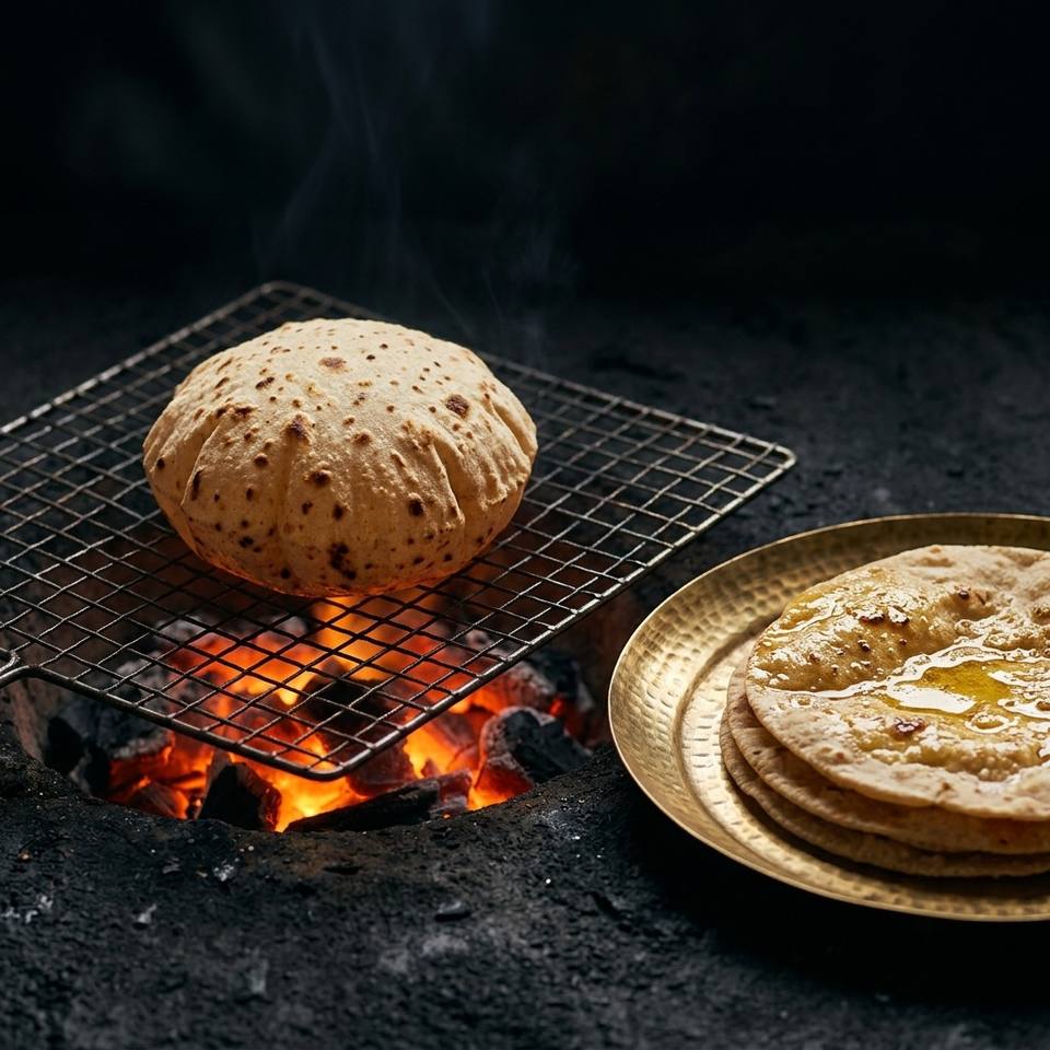 A phulka puffed up on a grill over glowing charcoal, with a stack of ghee-brushed phulkas on a brass plate