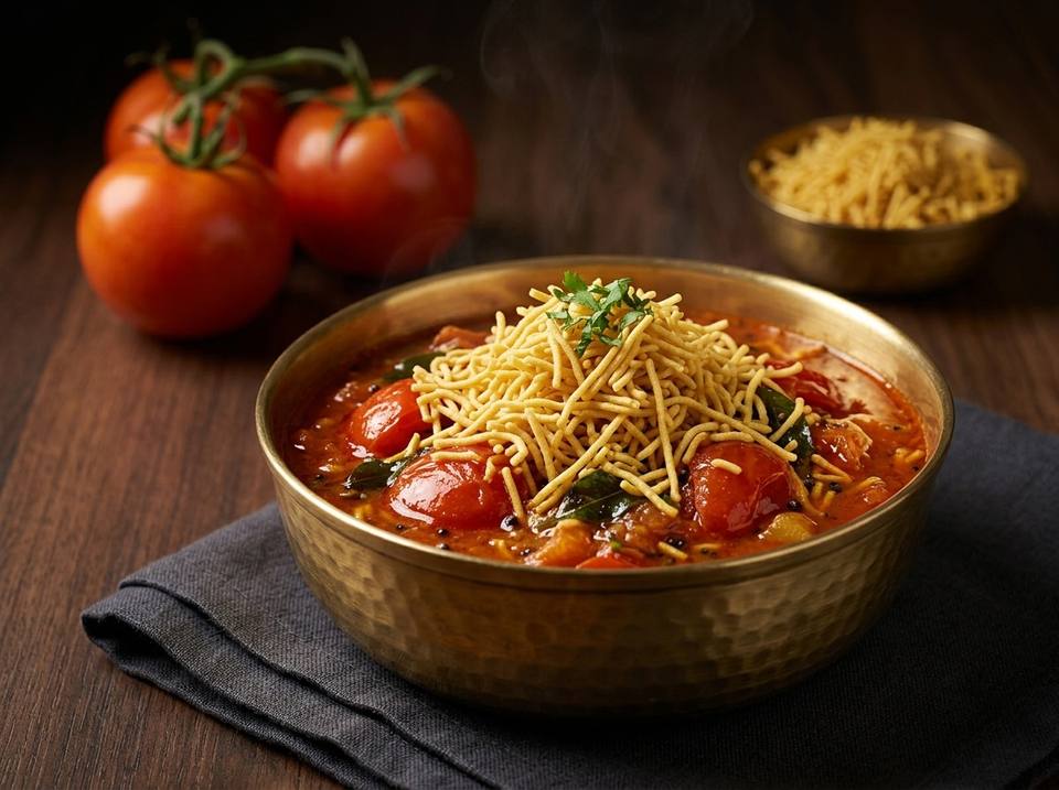 Sev tameta nu shaak in a hammered brass bowl, topped with sev and coriander, with ripe tomatoes beside it