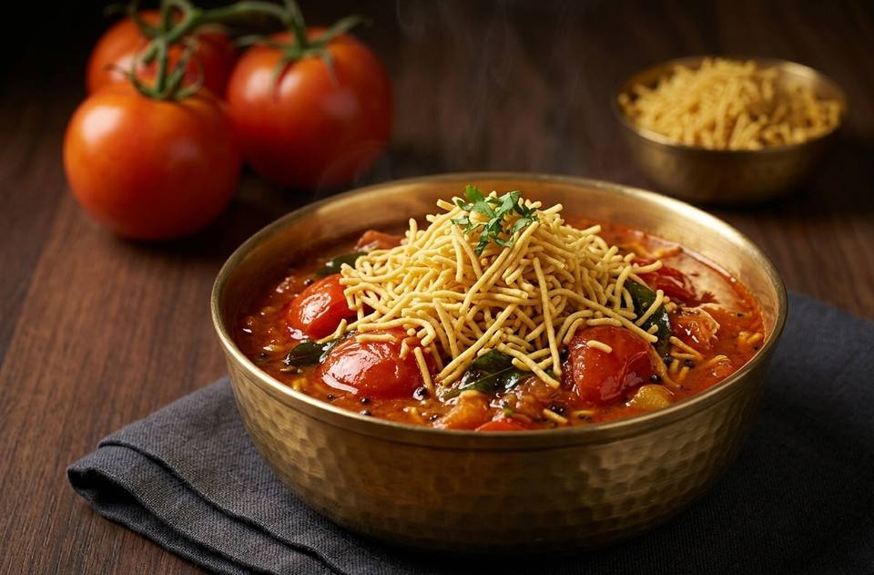 Sev tameta nu shaak in a hammered brass bowl, topped with sev and coriander, with ripe tomatoes beside it