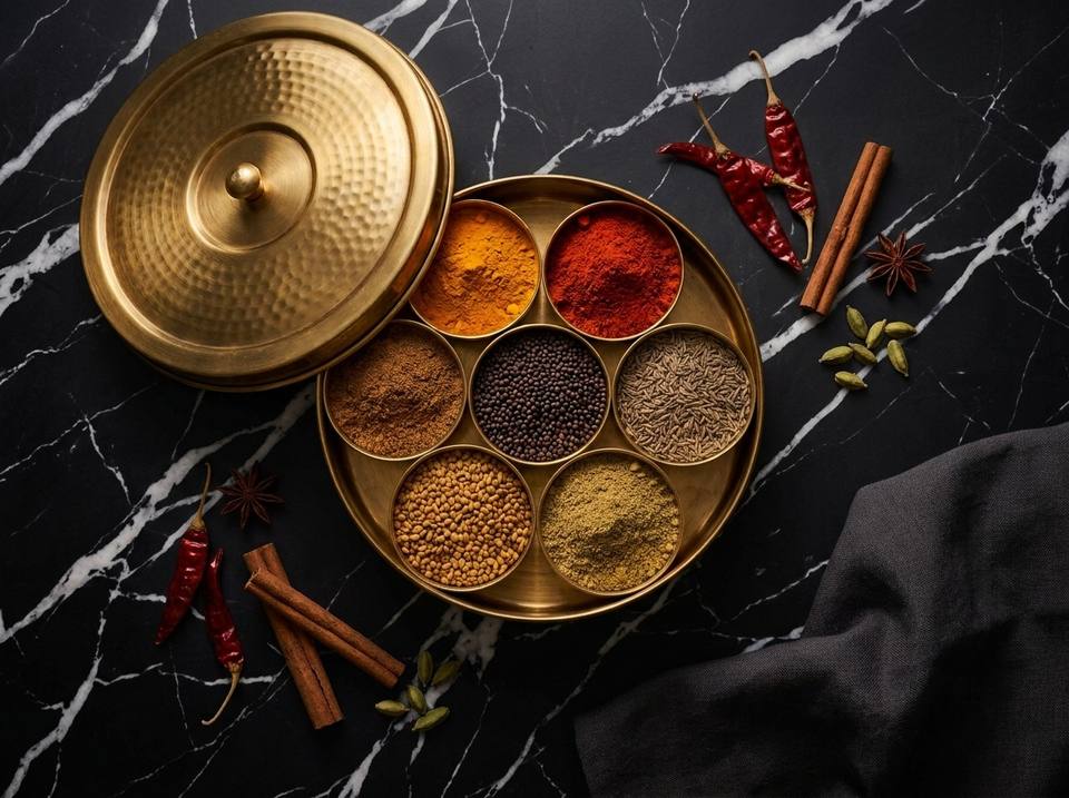 An open brass masala dabba of turmeric, chilli, cumin, mustard seed, fenugreek, coriander and garam masala, with whole spices on black marble