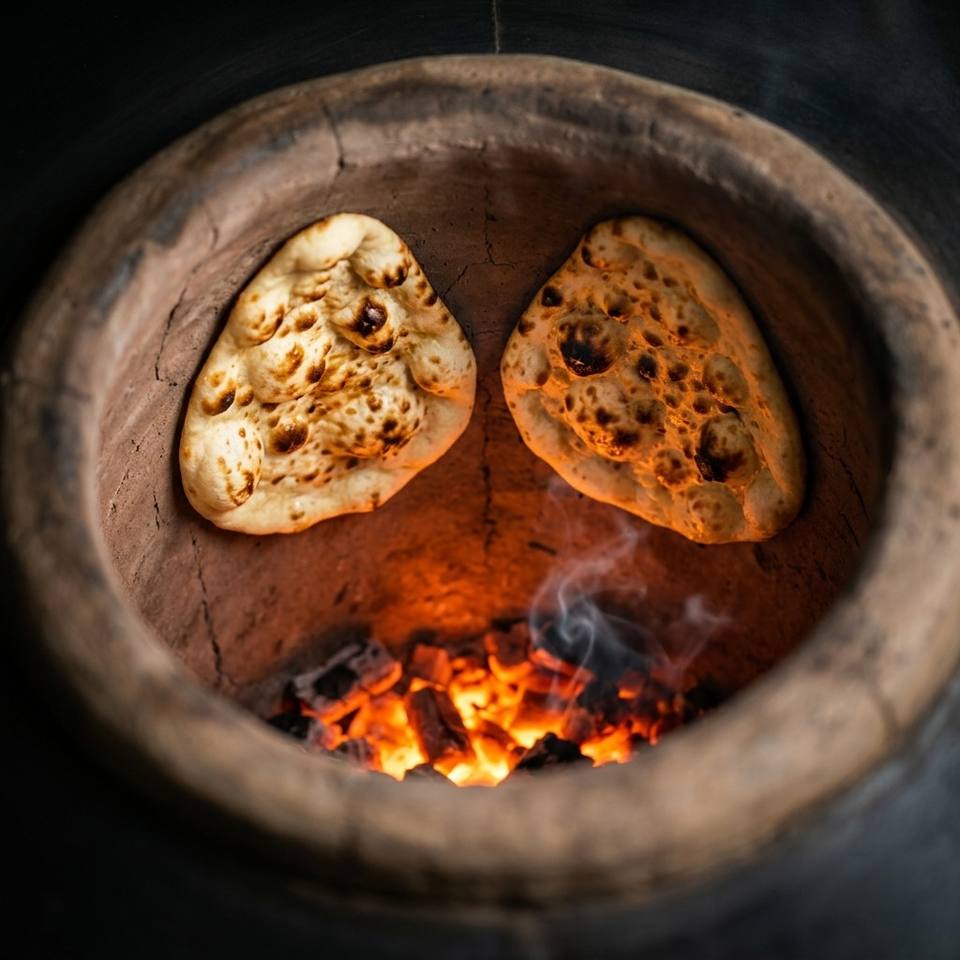 Two naans baking on the wall of a clay tandoor, above glowing charcoal
