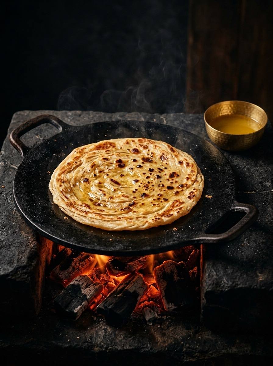 A layered parotha roasting on a black iron tawa over glowing charcoal, with a brass bowl of ghee beside it