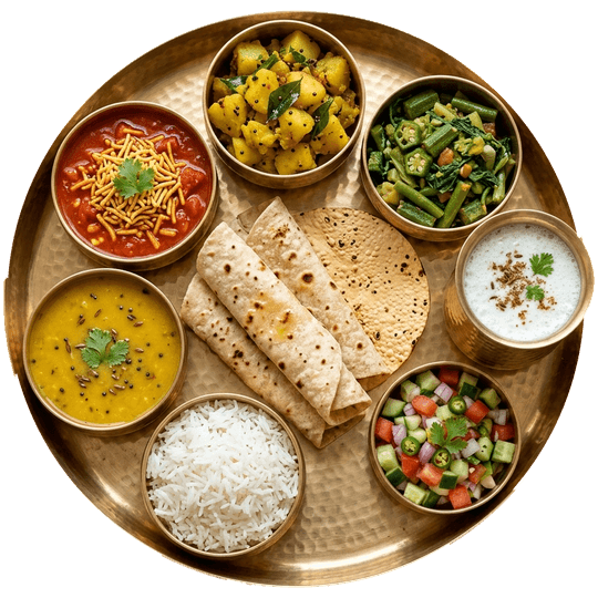 Gujarati thali on a hammered brass plate: three shaak, dal, rice, phulka rotis, papad, salad and a glass of chaas