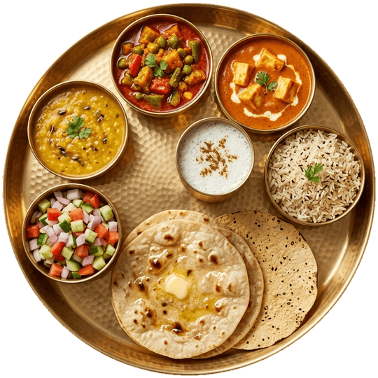 Punjabi thali on a hammered brass plate: mixed veg sabzi, paneer butter masala, dal fry, jeera rice, butter rotis, papad, salad and chaas
