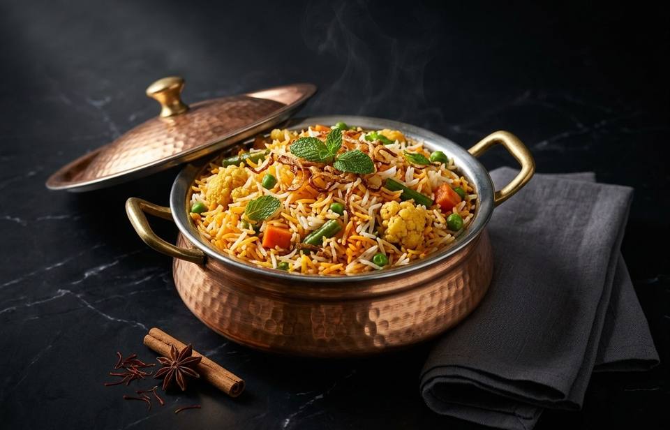 Veg biryani in a hammered copper handi with its lid set aside, garnished with mint, with whole spices beside it