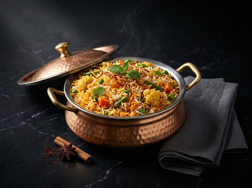Veg biryani in a hammered copper handi with its lid set aside, garnished with mint, with whole spices beside it