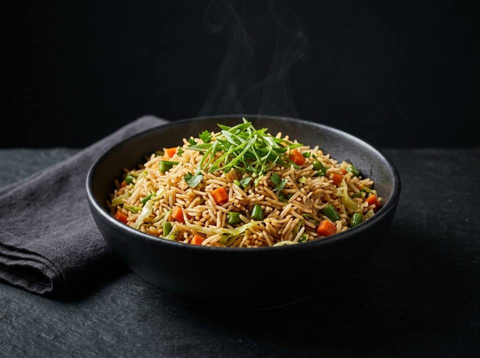 Vegetable fried rice with carrot, beans, cabbage and spring onion in a black stoneware bowl