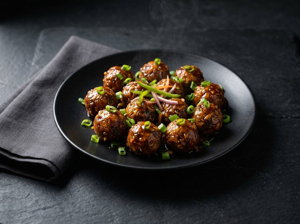 Glossy vegetable Manchurian balls with spring onion and peppers on a black plate