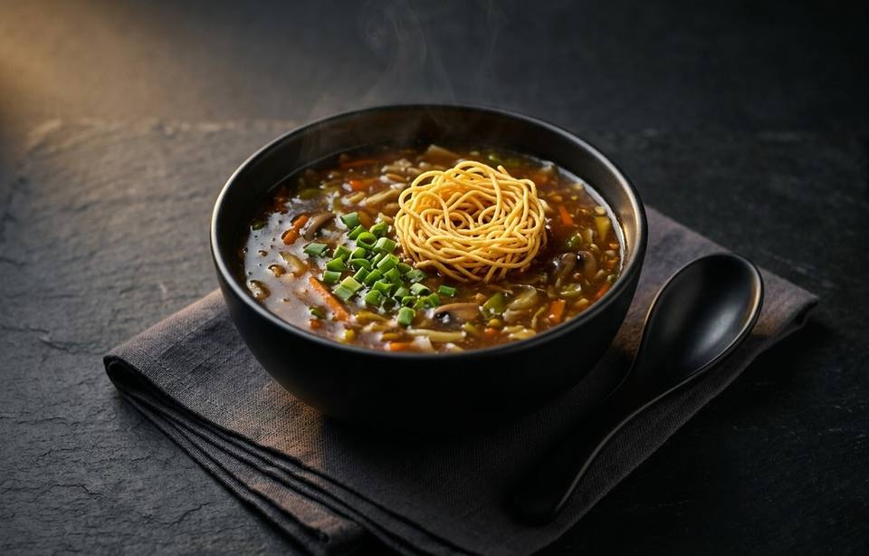 Manchow soup with vegetables and spring onion, topped with crisp fried noodles, in a black bowl