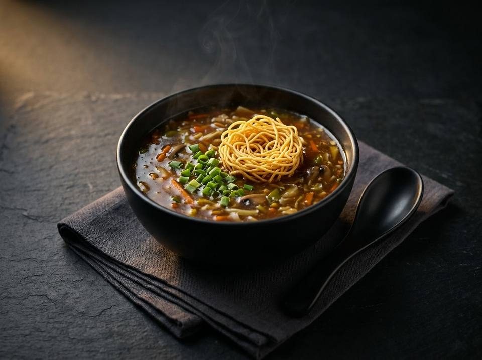 Manchow soup with vegetables and spring onion, topped with crisp fried noodles, in a black bowl